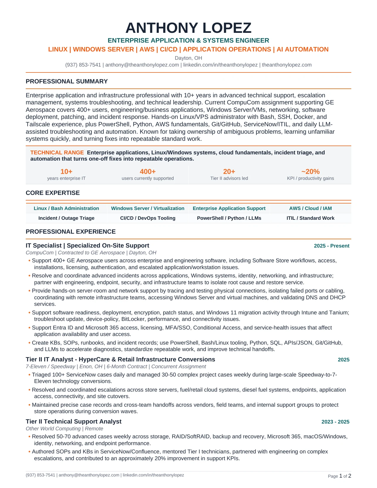 Anthony Lopez résumé, page 1 of 2