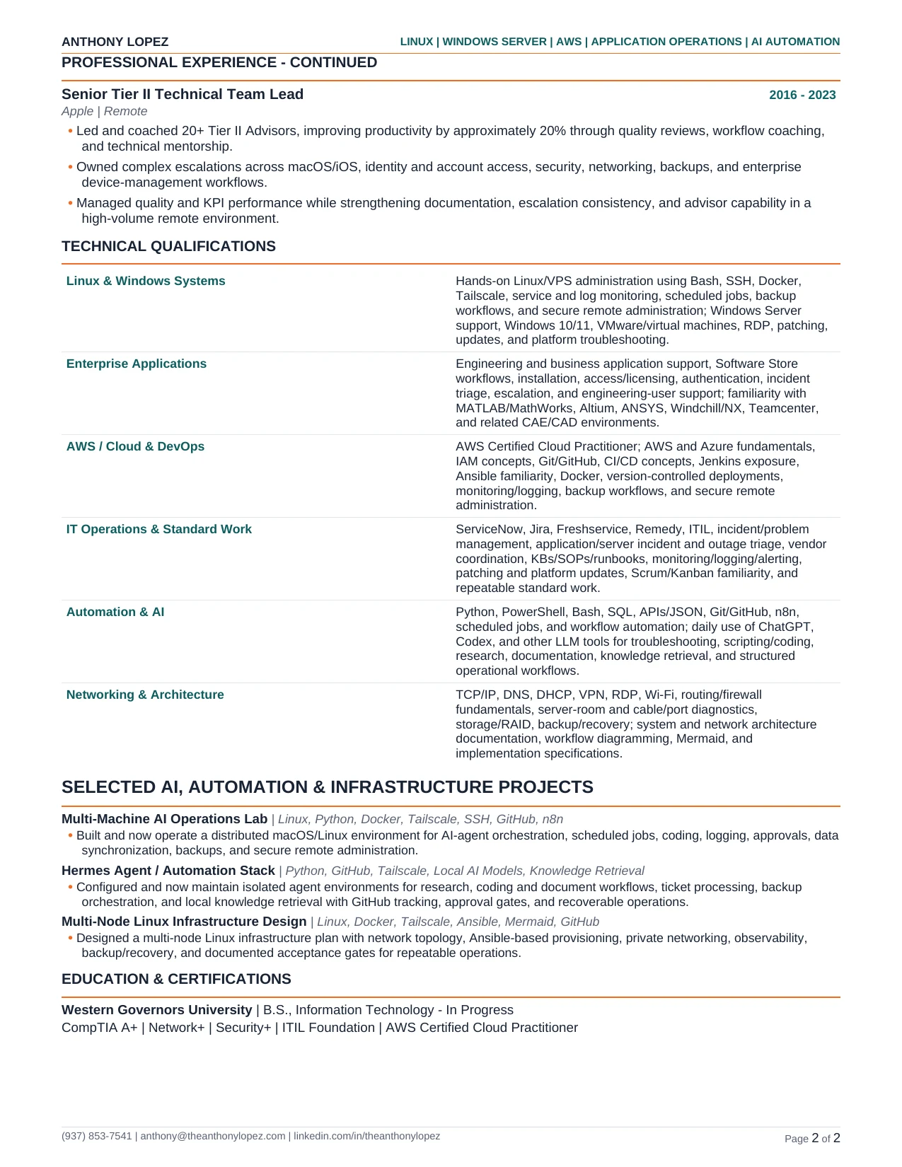 Anthony Lopez résumé, page 2 of 2